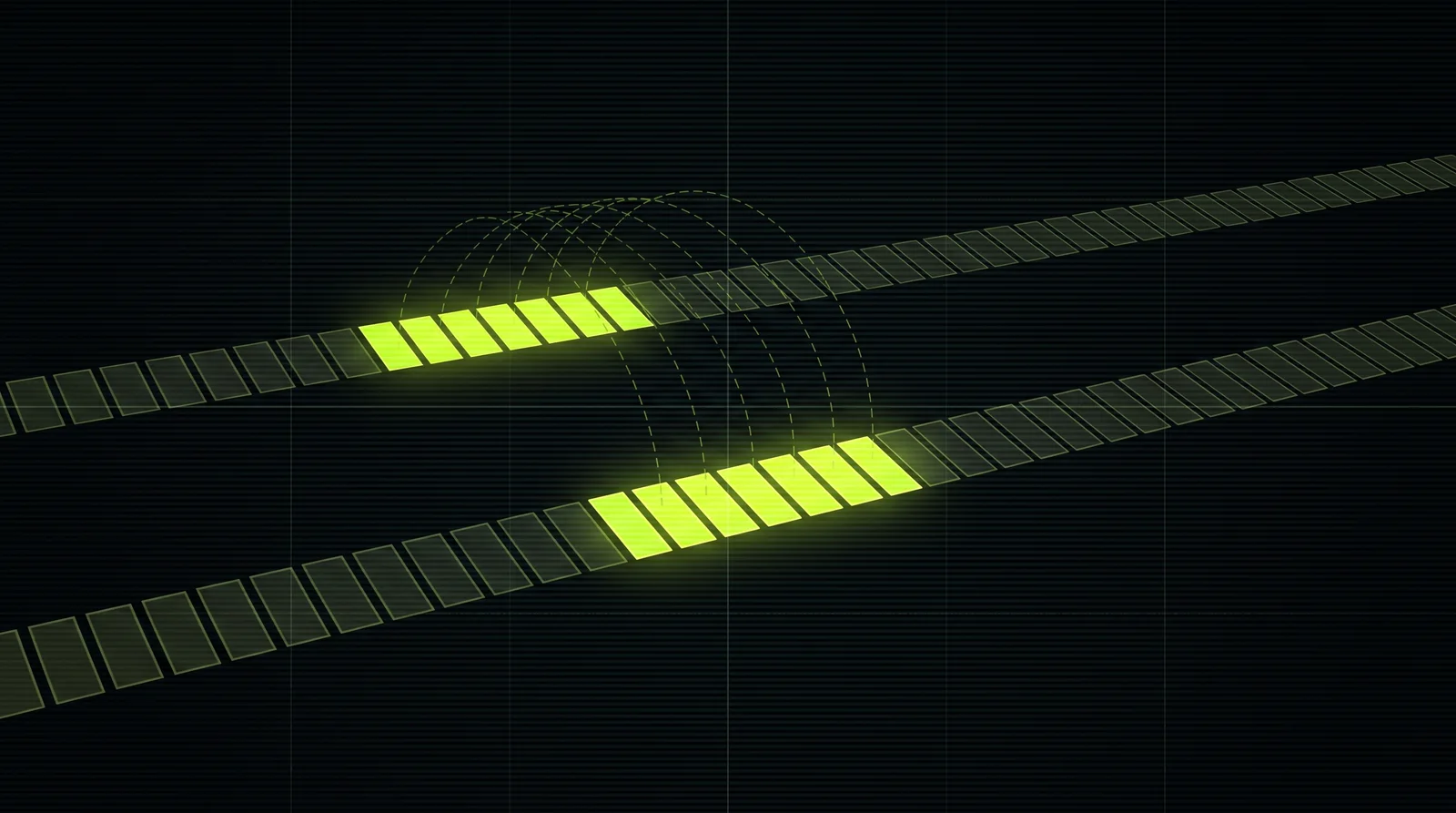 Two long rows of memory cells with a short contiguous run lit