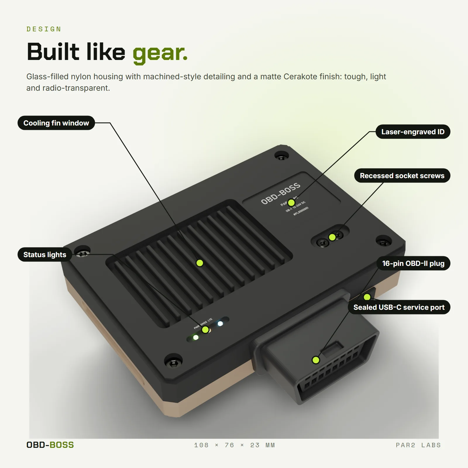 Design callouts: cooling window, engraved ID, recessed screws, status lights, OBD-II plug, sealed USB-C