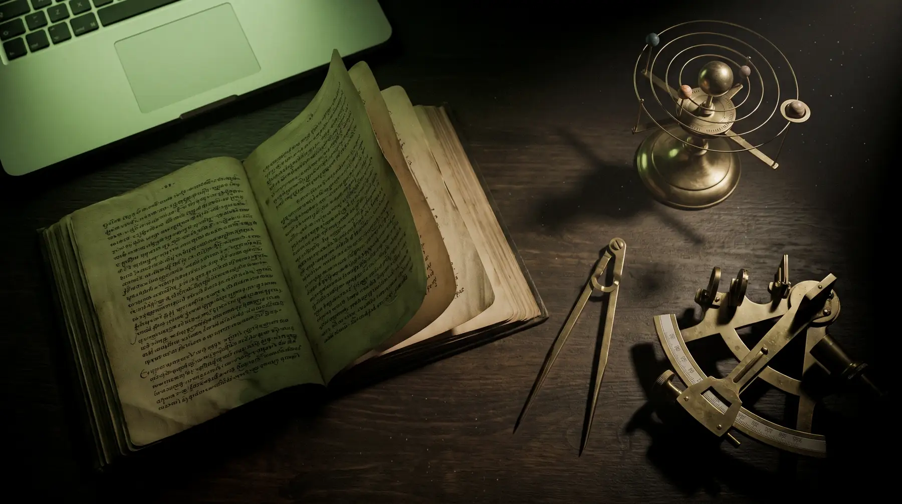 A palm-leaf manuscript beside brass dividers, a sextant and an orrery, lit by the glow of a screen