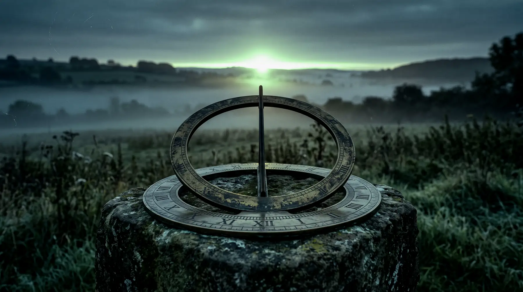 A weathered brass sundial ring on a stone plinth at first light, mist across the field behind