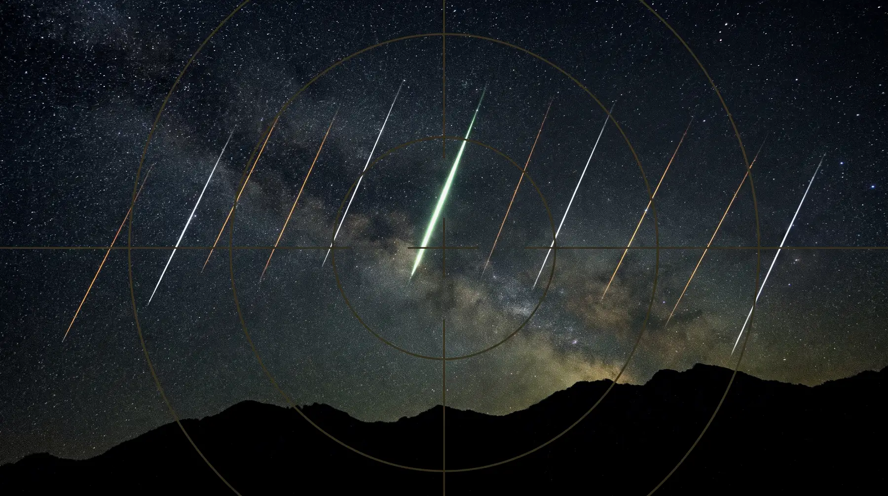 Nine points of light strung along the ecliptic over a dark ridge, under an instrument reticle