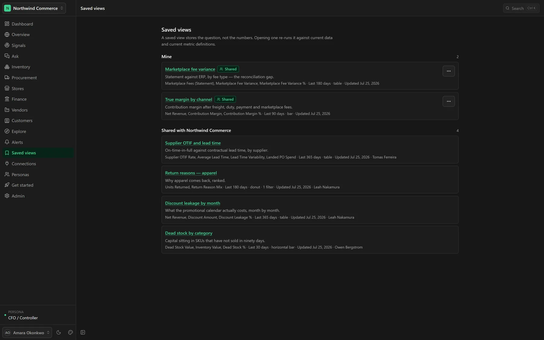 ERP AI — Saved views & reports screen